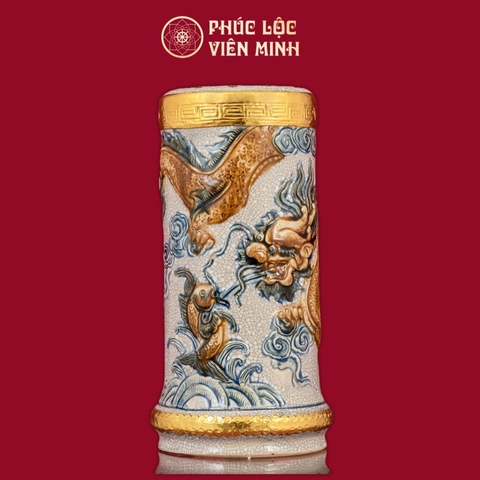 Ống Hương Long Quấn Thủy Đắp Nổi Men Rạn Bọc Đồng Thếp Vàng Gốm Sứ Bát Tràng - Phúc Lộc Viên Minh