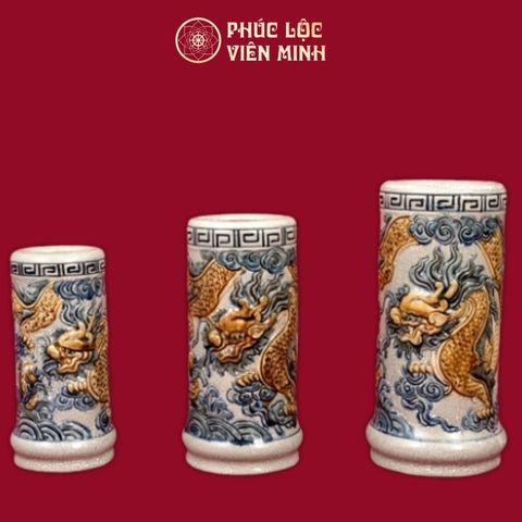 Ống Hương Rồng Men Rạn Đắp Nổi Gốm Sứ Bát Tràng - Phúc Lộc Viên Minh
