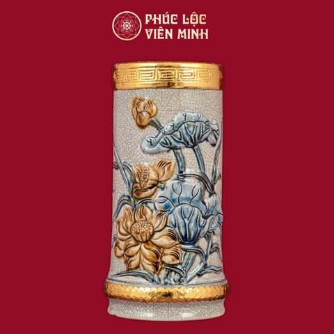 Ống Hương Sen Đắp Nổi Men Rạn Bọc Đồng Dát Vàng Gốm Sứ Bát Tràng - Phúc Lộc Viên Minh