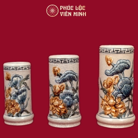 Ống Hương Sen Men Rạn Đắp Nổi Gốm Sứ Bát Tràng - Phúc Lộc Viên Minh