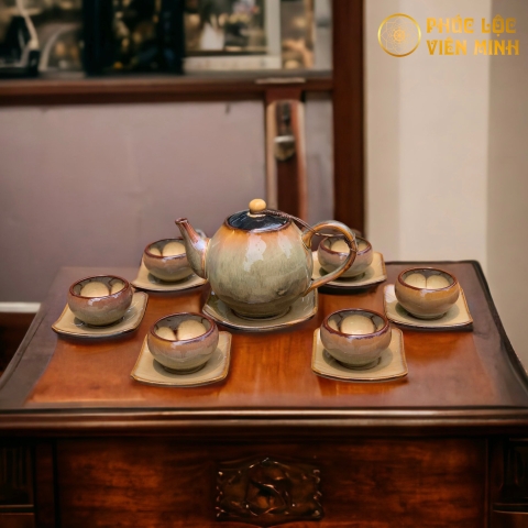 Bộ Ấm Chén Hỏa Biến Men Kem Cao Cấp Gốm Sứ Bát Tràng - Phúc Lộc Viên Minh