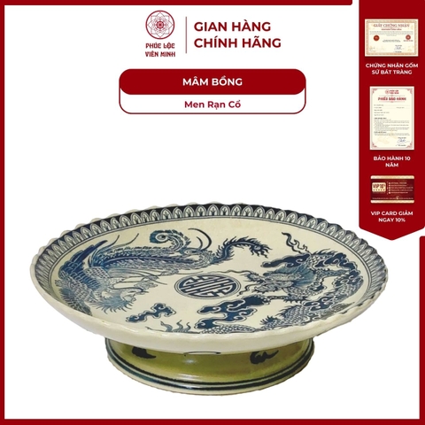 Mâm Bồng Họa Tiết Sen/Rồng Men Rạn Cổ Gốm Sứ Bát Tràng - Phúc Lộc Viên Minh - PL093