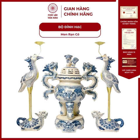Bộ Đỉnh Hạc Men Rạn Cổ Gốm Sứ Bát Tràng - Phúc Lộc Viên Minh - PL094