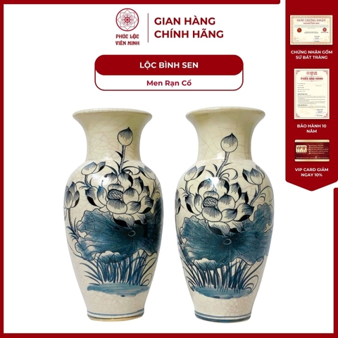 Đôi Lộc Bình Họa Tiết Sen Men Rạn Cổ Gốm Sứ Bát Tràng - Phúc Lộc Viên Minh - PL097