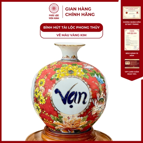 Bình Hút Lộc Tứ Cảnh Vẽ Màu Vàng Kim Gốm Sứ Bát Tràng - Phúc Lộc Viên Minh
