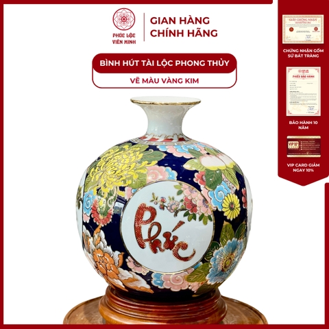 Bình Hút Lộc Tứ Cảnh Vẽ Màu Vàng Kim Gốm Sứ Bát Tràng - Phúc Lộc Viên Minh