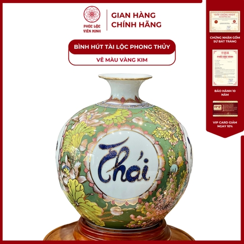 Bình Hút Lộc Tứ Cảnh Vẽ Màu Vàng Kim Gốm Sứ Bát Tràng - Phúc Lộc Viên Minh