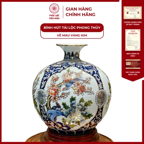 Bình Hút Lộc Tứ Cảnh Vẽ Màu Vàng Kim Gốm Sứ Bát Tràng - Phúc Lộc Viên Minh