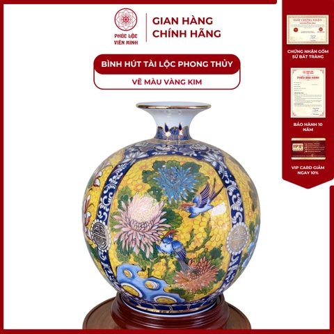 Bình Hút Lộc Tứ Cảnh Vẽ Màu Vàng Kim Gốm Sứ Bát Tràng - Phúc Lộc Viên Minh