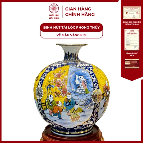 Bình Hút Lộc Tứ Cảnh Vẽ Màu Vàng Kim Gốm Sứ Bát Tràng - Phúc Lộc Viên Minh
