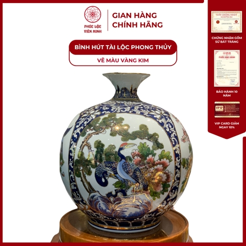 Bình Hút Lộc Tứ Cảnh Vẽ Màu Vàng Kim Gốm Sứ Bát Tràng - Phúc Lộc Viên Minh
