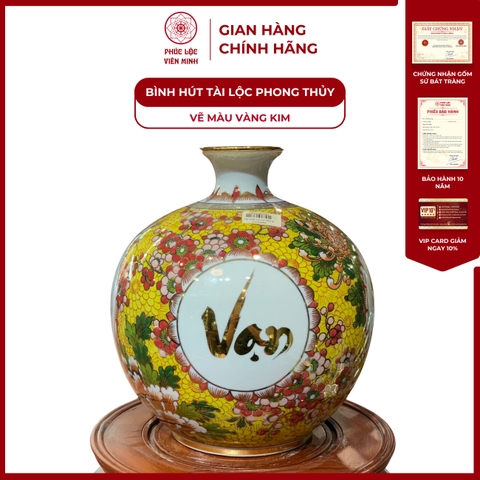 Bình Hút Lộc Tứ Cảnh Vẽ Màu Vàng Kim Gốm Sứ Bát Tràng - Phúc Lộc Viên Minh