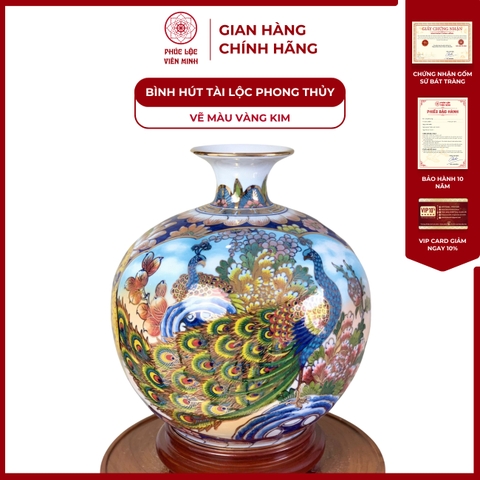 Bình Hút Lộc Nhị Cảnh Vẽ Màu Vàng Kim Gốm Sứ Bát Tràng - Phúc Lộc Viên Minh