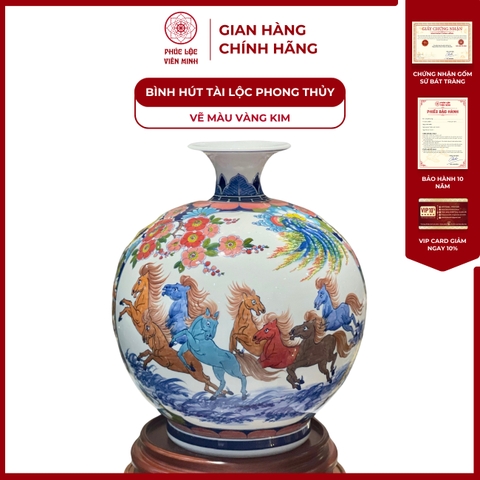 Bình Hút Lộc Nhị Cảnh Vẽ Màu Vàng Kim Gốm Sứ Bát Tràng - Phúc Lộc Viên Minh