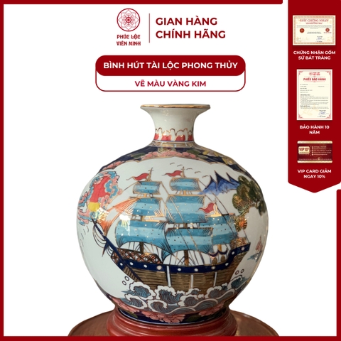 Bình Hút Lộc Nhị Cảnh Vẽ Màu Vàng Kim Gốm Sứ Bát Tràng - Phúc Lộc Viên Minh