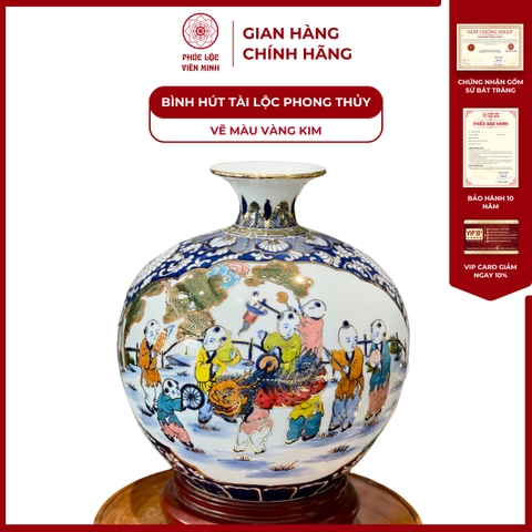 Bình Hút Lộc Nhị Cảnh Vẽ Màu Vàng Kim Gốm Sứ Bát Tràng - Phúc Lộc Viên Minh