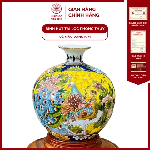 Bình Hút Lộc Nhị Cảnh Vẽ Màu Vàng Kim Gốm Sứ Bát Tràng - Phúc Lộc Viên Minh