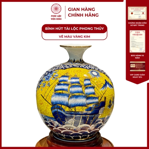 Bình Hút Lộc Nhị Cảnh Vẽ Màu Vàng Kim Gốm Sứ Bát Tràng - Phúc Lộc Viên Minh