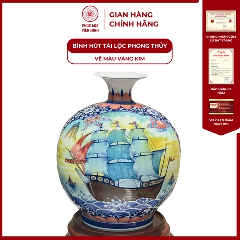 Bình Hút Lộc Nhị Cảnh Vẽ Màu Vàng Kim Gốm Sứ Bát Tràng - Phúc Lộc Viên Minh
