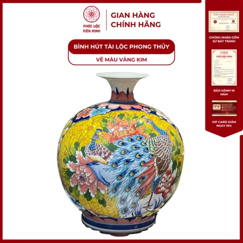 Bình Hút Lộc Nhị Cảnh Vẽ Màu Vàng Kim Gốm Sứ Bát Tràng - Phúc Lộc Viên Minh