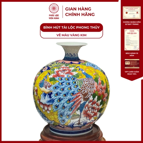 Bình Hút Lộc Nhị Cảnh Vẽ Màu Vàng Kim Gốm Sứ Bát Tràng - Phúc Lộc Viên Minh