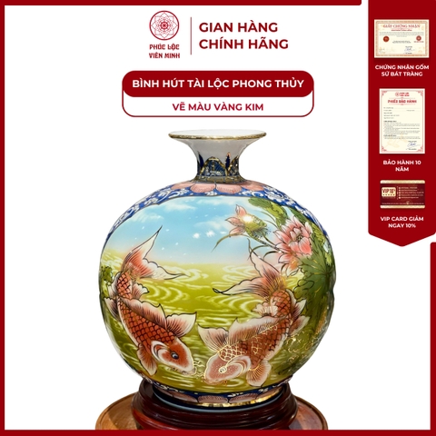Bình Hút Lộc Nhị Cảnh Vẽ Màu Vàng Kim Gốm Sứ Bát Tràng - Phúc Lộc Viên Minh