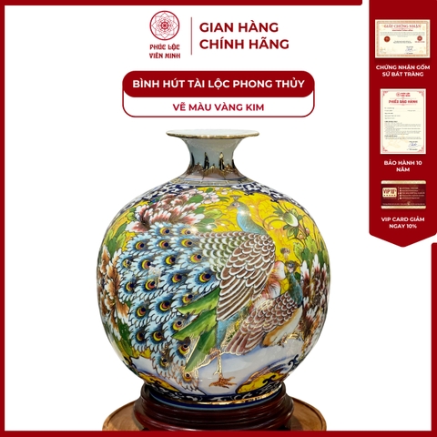 Bình Hút Lộc Nhị Cảnh Vẽ Màu Vàng Kim Gốm Sứ Bát Tràng - Phúc Lộc Viên MinhPLVM