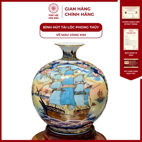Bình Hút Lộc Nhị Cảnh Vẽ Màu Vàng Kim Gốm Sứ Bát Tràng - Phúc Lộc Viên Minh