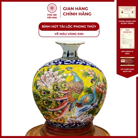 Bình Hút Lộc Nhị Cảnh Vẽ Màu Vàng Kim Gốm Sứ Bát Tràng - Phúc Lộc Viên Minh