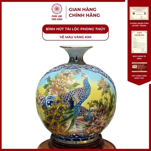 Bình Hút Lộc Nhị Cảnh Vẽ Màu Vàng Kim Gốm Sứ Bát Tràng - Phúc Lộc Viên Minh