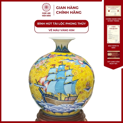 Bình Hút Lộc Nhị Cảnh Vẽ Màu Vàng Kim Gốm Sứ Bát Tràng - Phúc Lộc Viên Minh