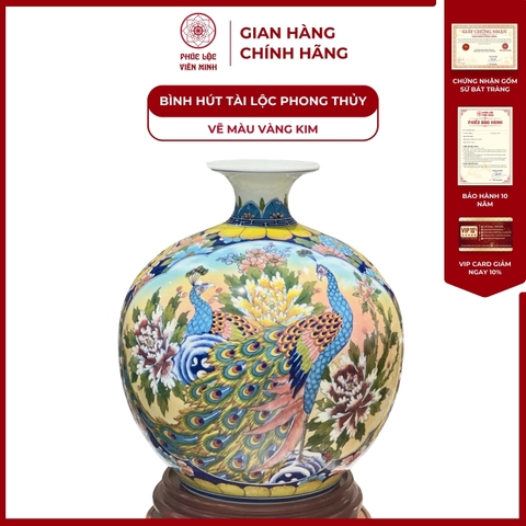 Bình Hút Lộc Nhị Cảnh Vẽ Màu Vàng Kim Gốm Sứ Bát Tràng - Phúc Lộc Viên Minh
