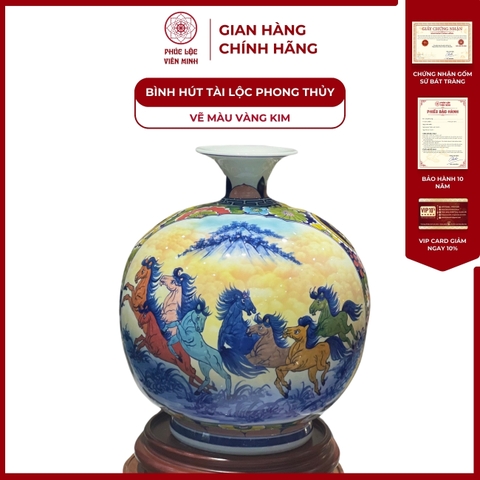 Bình Hút Lộc Nhị Cảnh Vẽ Màu Vàng Kim Gốm Sứ Bát Tràng - Phúc Lộc Viên Minh
