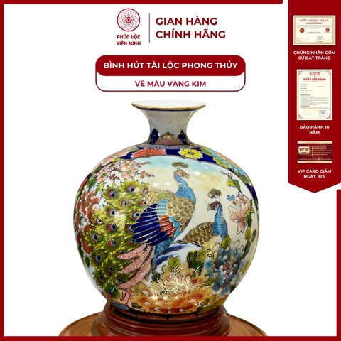 Bình Hút Lộc Nhị Cảnh Vẽ Màu Vàng Kim Gốm Sứ Bát Tràng - Phúc Lộc Viên Minh