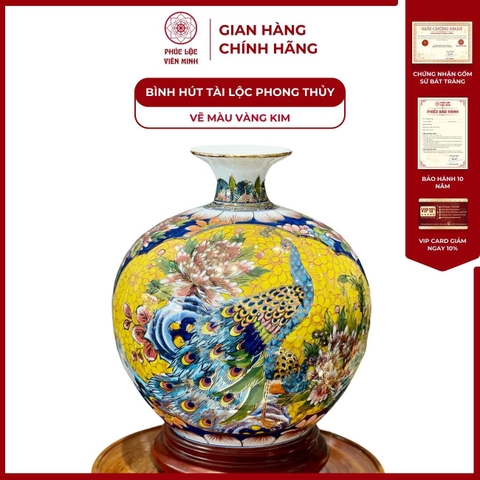 Bình Hút Lộc Nhị Cảnh Vẽ Màu Vàng Kim Gốm Sứ Bát Tràng - Phúc Lộc Viên Minh