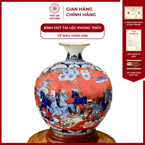 Bình Hút Lộc Nhị Cảnh Vẽ Màu Vàng Kim Gốm Sứ Bát Tràng - Phúc Lộc Viên Minh