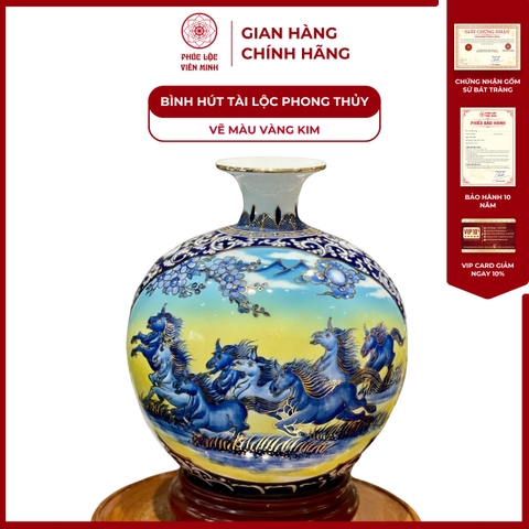 Bình Hút Lộc Nhị Cảnh Vẽ Màu Vàng Kim Gốm Sứ Bát Tràng - Phúc Lộc Viên Minh