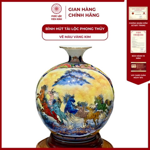 Bình Hút Lộc Nhị Cảnh Vẽ Màu Vàng Kim Gốm Sứ Bát Tràng - Phúc Lộc Viên Minh