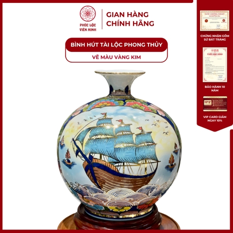 Bình Hút Lộc Nhị Cảnh Vẽ Màu Vàng Kim Gốm Sứ Bát Tràng - Phúc Lộc Viên Minh