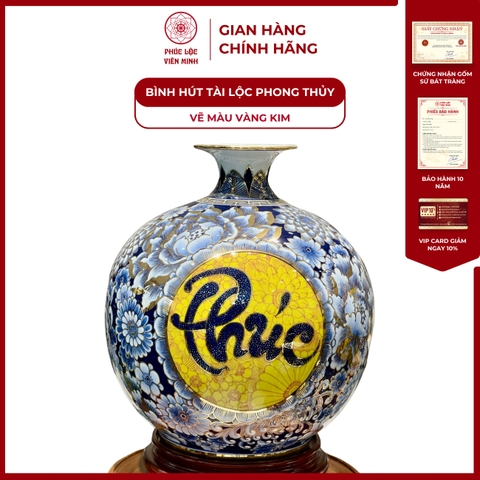 Bình Hút Lộc Nhị Cảnh Vẽ Màu Vàng Kim Gốm Sứ Bát Tràng - Phúc Lộc Viên Minh
