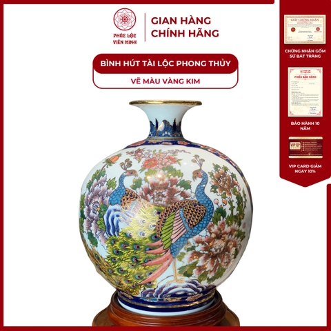 Bình Hút Lộc Nhị Cảnh Vẽ Màu Vàng Kim Gốm Sứ Bát Tràng - Phúc Lộc Viên Minh