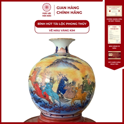 Bình Hút Lộc Nhị Cảnh Vẽ Màu Vàng Kim Gốm Sứ Bát Tràng - Phúc Lộc Viên Minh