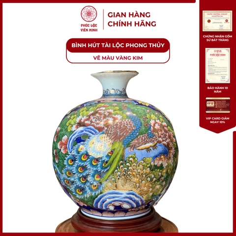 Bình Hút Lộc Nhị Cảnh Vẽ Màu Vàng Kim Gốm Sứ Bát Tràng - Phúc Lộc Viên Minh