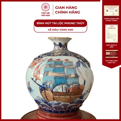 Bình Hút Lộc Nhị Cảnh Vẽ Màu Vàng Kim Gốm Sứ Bát Tràng - Phúc Lộc Viên Minh