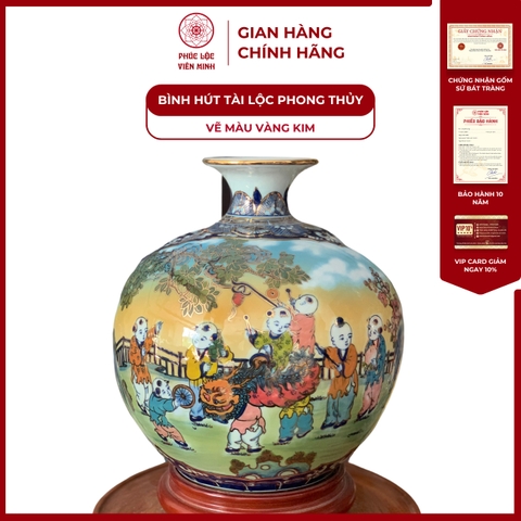 Bình Hút Lộc Nhị Cảnh Vẽ Màu Vàng Kim Gốm Sứ Bát Tràng - Phúc Lộc Viên Minh