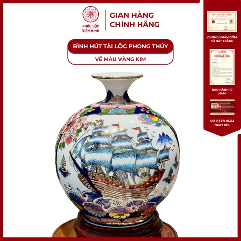 Bình Hút Lộc Nhị Cảnh Vẽ Màu Vàng Kim Gốm Sứ Bát Tràng - Phúc Lộc Viên Minh