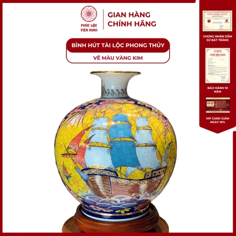 Bình Hút Lộc Nhị Cảnh Vẽ Màu Vàng Kim Gốm Sứ Bát Tràng - Phúc Lộc Viên Minh