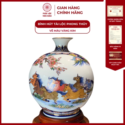 Bình Hút Lộc Nhị Cảnh Vẽ Màu Vàng Kim Gốm Sứ Bát Tràng - Phúc Lộc Viên Minh