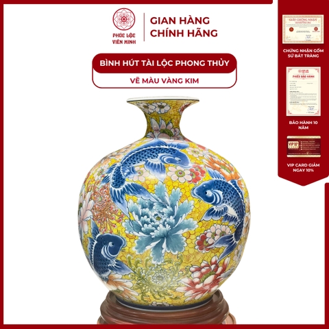 Bình Hút Lộc Đơn Cảnh Vẽ Màu Vàng Kim Gốm Sứ Bát Tràng - Phúc Lộc Viên Minh