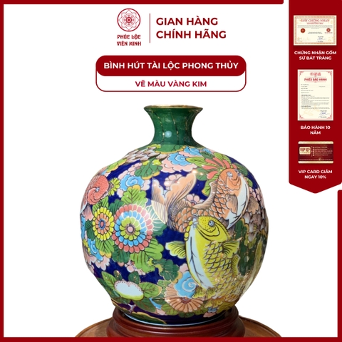 Bình Hút Lộc Đơn Cảnh Vẽ Màu Vàng Kim Gốm Sứ Bát Tràng - Phúc Lộc Viên Minh